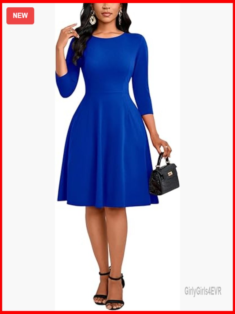 Flowy Maxi Dress With Pockets Crew Neck 3/4 Sleeve Pleated Swing Dress